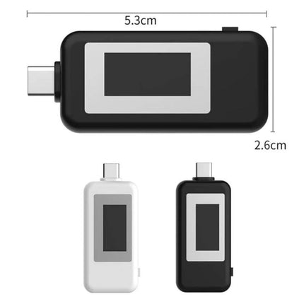 KEWEISI USB-C Voltage and Current Tester for Safe Charging Monitoring compact USB-C meter showing screen and dimensions, black and white color options