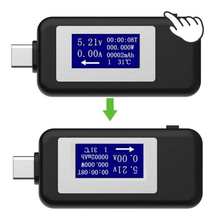 KEWEISI USB-C Voltage and Current Tester for Safe Charging Monitoring showing USB-C plug, blue LCD readout and rotate-to-view display