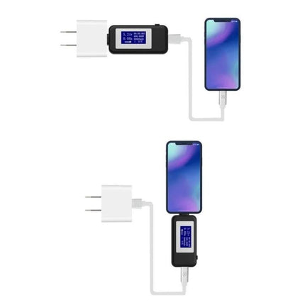 KEWEISI USB-C Voltage and Current Tester for Safe Charging Monitoring connected between wall charger and smartphone showing voltage/current on display