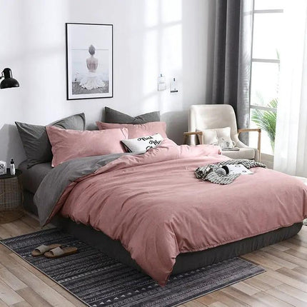 Solid Plaid Cotton Blend Bedding Set For Bedroom Pink