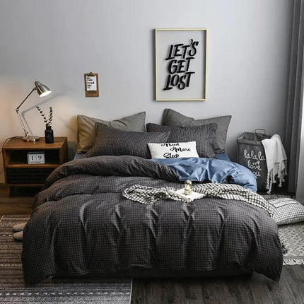 Solid Plaid Cotton Blend Bedding Set For Bedroom Pink