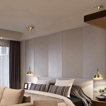 Copper Chandelier Wall Lamp With Ceiling Plate Base in bedroom setting, copper finish, single light, adjustable 1m height, ambient wall lighting
