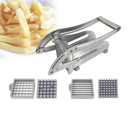 Stainless Steel Manual Potato Cutter for Homemade Fries, silver hand-operated cutter with interchangeable grid blades and fries