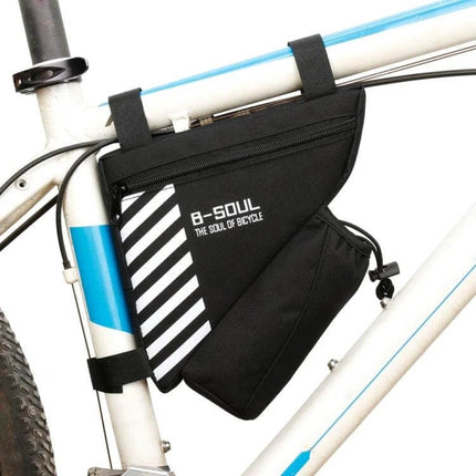 BSoul Bicycle Triangle Bag Front Tube Frame Water Bottle Pouch mounted on bike frame, black polyester triangle bag with bottle pocket