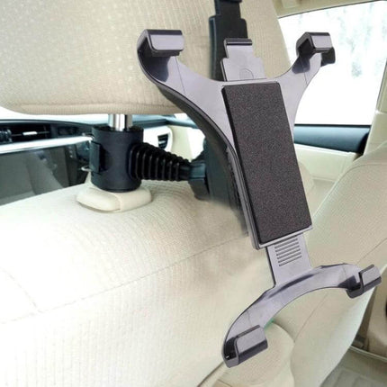 Car Back Seat Headrest Tablet Mount For 7 To 10 Inch Tablets securely clipped to car headrest showing 360-degree rotation and adjustable tilt