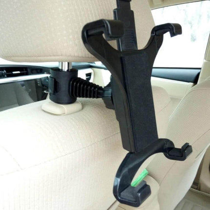 Car Back Seat Headrest Tablet Mount For 7 To 10 Inch Tablets securely clipped to beige car headrest with adjustable 360-degree rotation and tilt