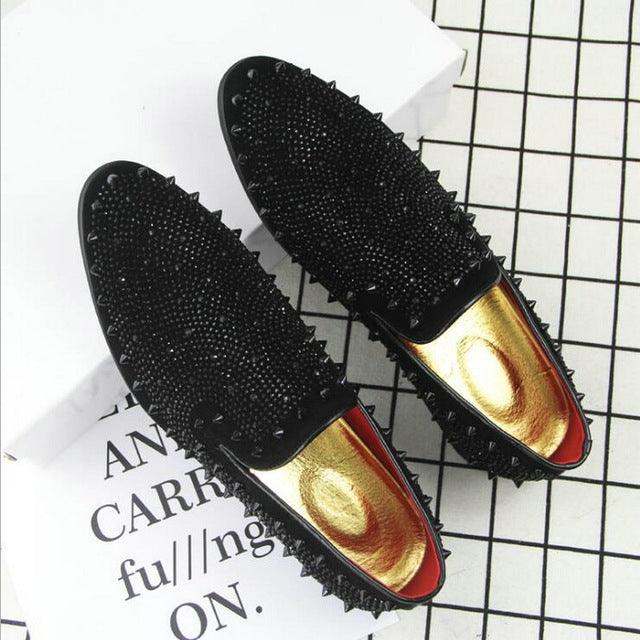 Men's Black Pointed Toe Flats with Rivet and Rhinestone Detail