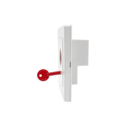 Manual Emergency Alarm Button for Safety Help Calls red key inserted in white wall-mounted alarm switch