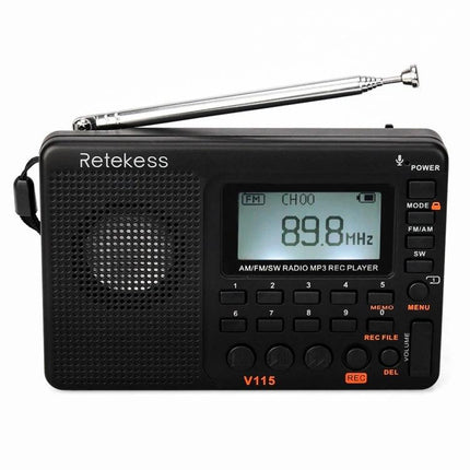 Retekess Portable FM AM Radio for Music and Stations with MP3 Player compact black V115 with telescopic antenna and LCD showing 89.8 MHz