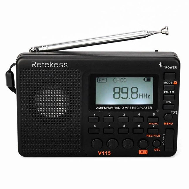 Retekess Portable FM AM Radio for Music and Stations with MP3 Player compact black V115 with telescopic antenna and LCD showing 89.8 MHz