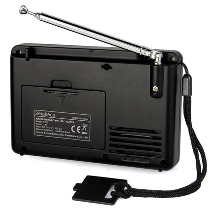 Retekess Portable FM AM Radio for Music and Stations with MP3 Player - black portable radio back view with telescopic antenna and wrist strap