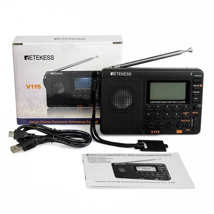 Retekess Portable FM AM Radio for Music and Stations with MP3 Player black portable radio with antenna, TF card slot, USB cable and manual