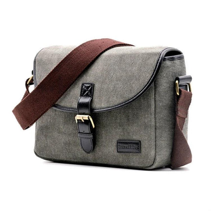Practical Canvas Bag for Camcorder Storage and Daily Carry, 25x12x18cm - compact grey canvas shoulder bag with brown strap for camera protection