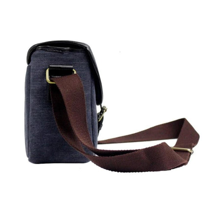 Practical Canvas Bag for Camcorder Storage and Daily Carry, 25x12x18cm showing side view with brown shoulder strap and compact navy canvas body
