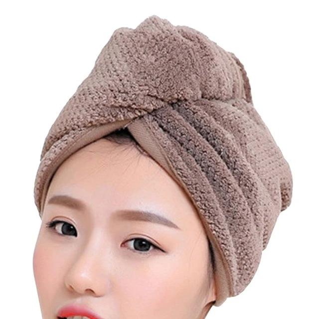 Quick-Drying Towel Cap for Daily Hair Care After Showers - brown plush wrap absorbing moisture while securing hair after shower