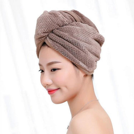 Quick-Drying Towel Cap for Daily Hair Care After Showers - woman wearing brown quick-dry towel cap wrapped after shower