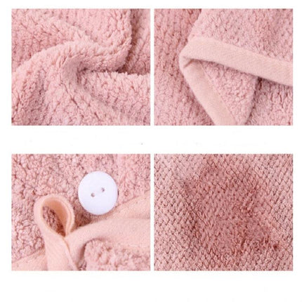 Quick-Drying Towel Cap for Daily Hair Care After Showers in soft pink polyester brocade plaid fabric, close-up of texture, button loop and edge