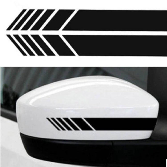 Simple Reflective Car Stickers for Rearview Mirrors Set on white side mirror showing black striped PET reflective decal