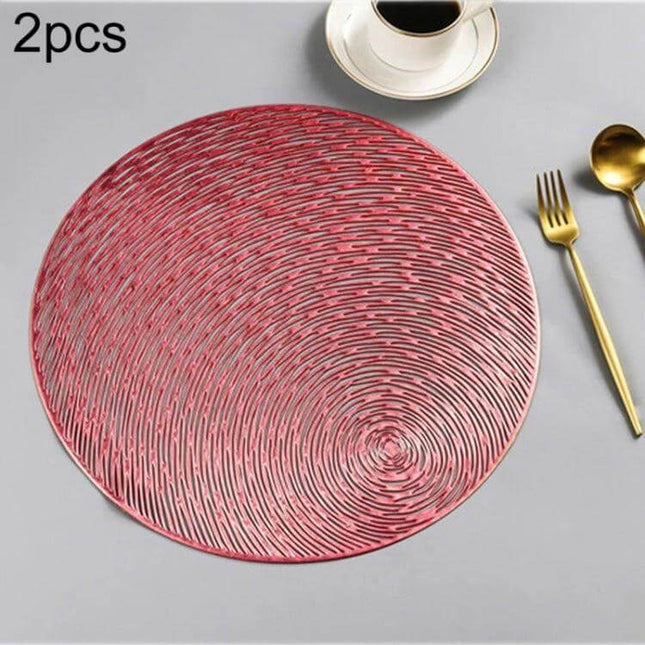Alt Tag: Set Of 2 Round PVC Placemats 38 Cm For Everyday Table Use red woven-look placemat on grey table with cup and gold cutlery