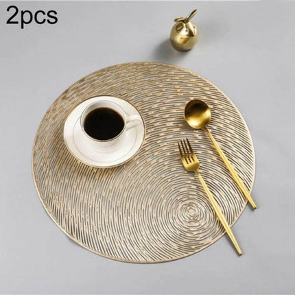 Set Of 2 Round PVC Placemats 38 Cm For Everyday Table Use - Gold textured round PVC placemat with cup and gold cutlery