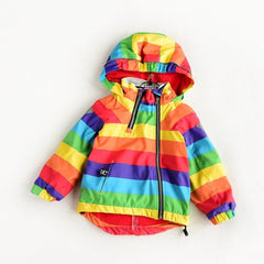 Kids' Fleece Hooded Windbreaker with Rainbow Stripes for Autumn and Winter