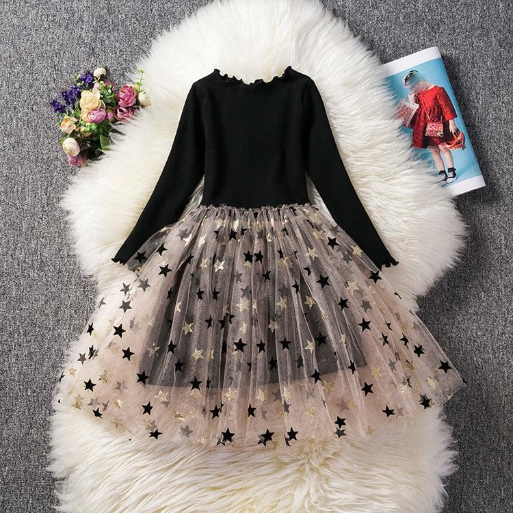 Girls' Autumn Lace Sequined Tutu Dress with Star Pattern and Long Sleeves