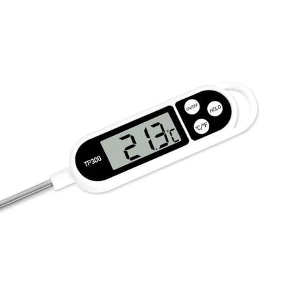 Digital Kitchen Food Thermometer With Stainless Steel Probe showing 21.3°C reading on LCD with probe and hold/c°/°F buttons