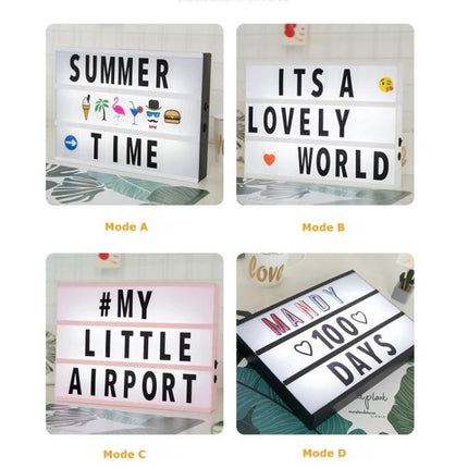 Handmade Alphabet Light Box for Home Decor and Nighttime Ambiance - customizable message board shown in four modes