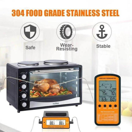 Wireless Remote BBQ Thermometer Dual Probe for Grilling and Roasting shown with dual probes in oven, stainless steel skewers and orange wireless receiver