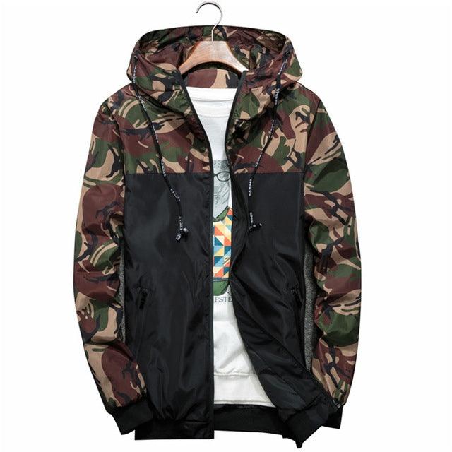 Men's Slim Fit Camouflage Bomber Jacket with Hood and Long Sleeves