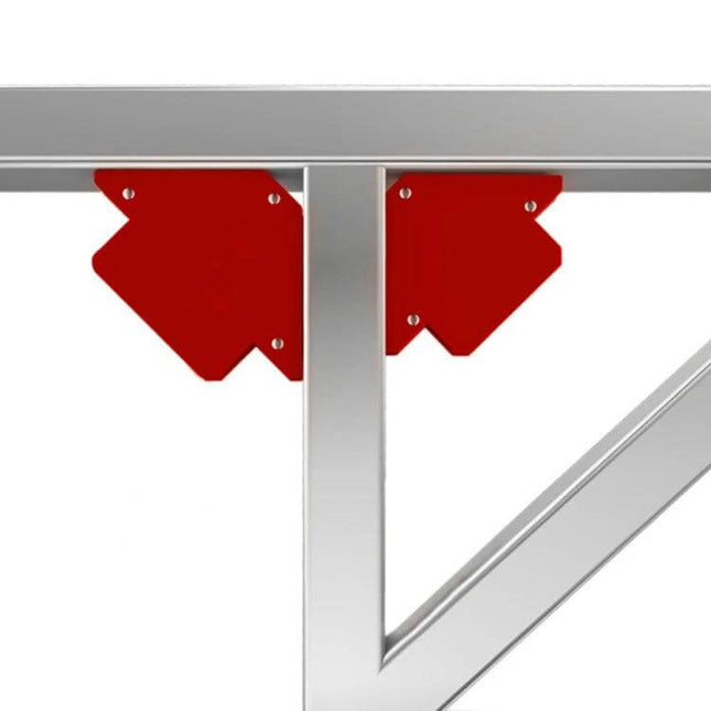Magnetic Welding Positioner Triangular Holder, 75 Lb red steel magnetic holder clamped to metal frame for hands-free triangular welding positioning