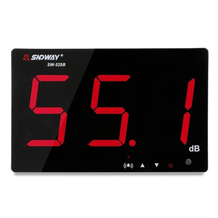 SNDWAY Wall-Mounted Digital Noise Level Monitoring Device showing 55.1 dB on large red LED display wall-mounted monitor