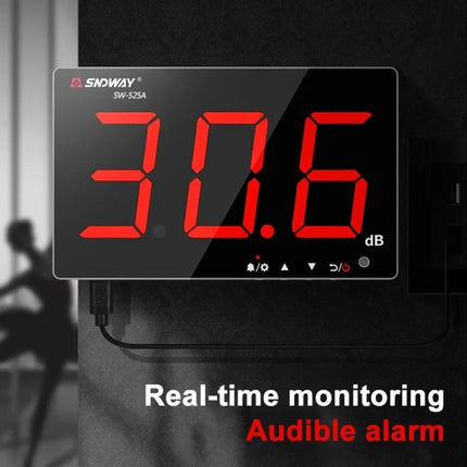 SNDWAY Wall-Mounted Digital Noise Level Monitoring Device wall display showing 30.6 dB real-time monitoring with audible alarm