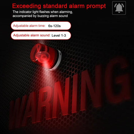 SNDWAY Wall-Mounted Digital Noise Level Monitoring Device showing red warning alarm light with adjustable alarm time and sound levels