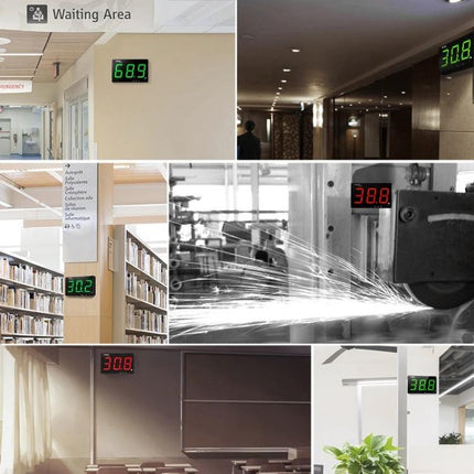 SNDWAY Wall-Mounted Digital Noise Level Monitoring Device displaying decibel readings in office, library, waiting area and industrial settings