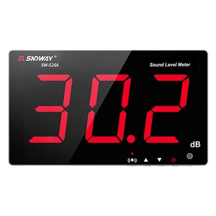 SNDWAY Wall-Mounted Digital Noise Level Monitoring Device showing 30.2 dB on large red LED display, wall-mounted sound level meter for offices and schools