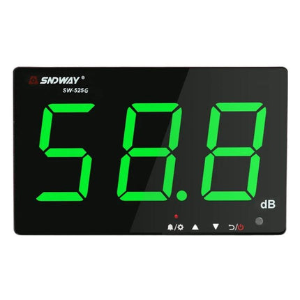 SNDWAY Wall-Mounted Digital Noise Level Monitoring Device showing large green LED decibel readout 58.8 dB on black face