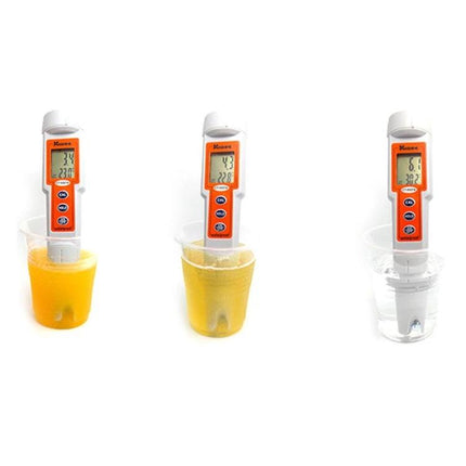 Kedida Portable Digital Multi-Function Water Quality Tester measuring pH and temperature in glasses of juice and water