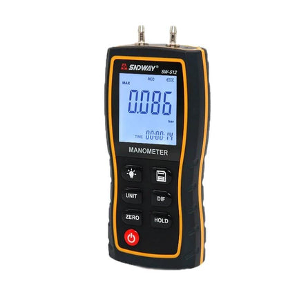 SNDWAY Handheld Digital Differential Pressure Tester for Professionals showing digital manometer display and controls for HVAC and leak detection