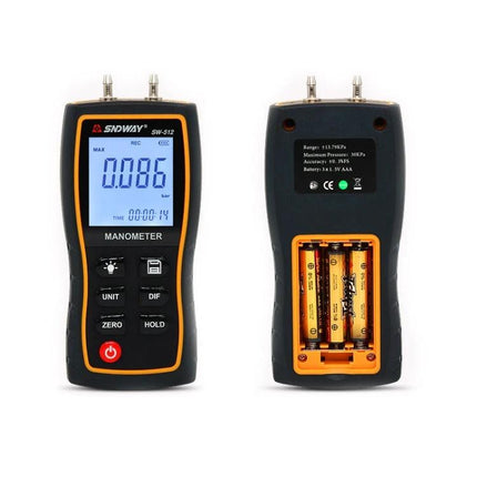 SNDWAY Handheld Digital Differential Pressure Tester for Professionals compact manometer with 1.9in display showing 0.086 and battery compartment
