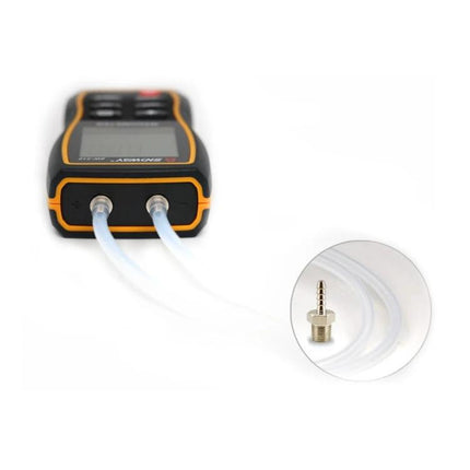 SNDWAY Handheld Digital Differential Pressure Tester for Professionals showing device with dual tubing and pressure port adapter