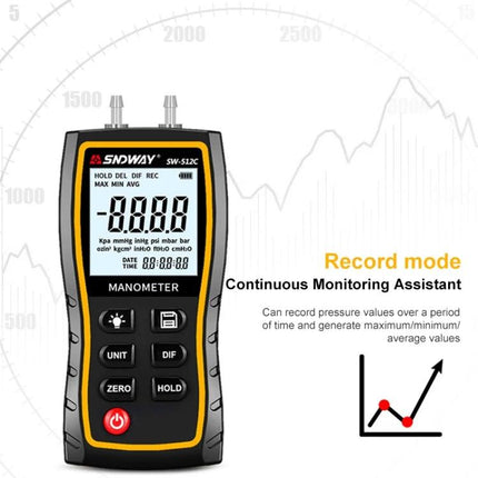 SNDWAY Handheld Digital Differential Pressure Tester for Professionals handheld manometer with digital display showing recording mode