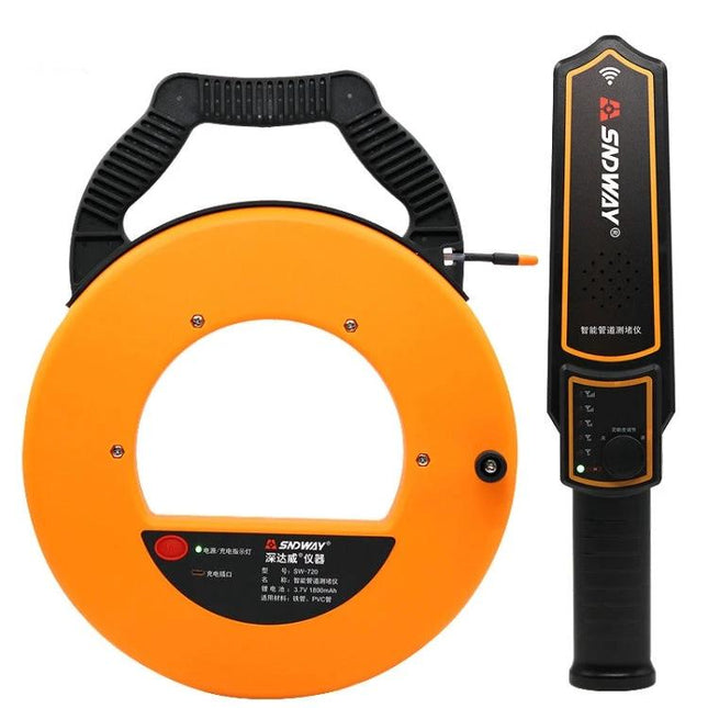 SNDWAY Pipe Blockage Detector with Width Measurement Tool orange reel and handheld sensor for locating pipe clogs