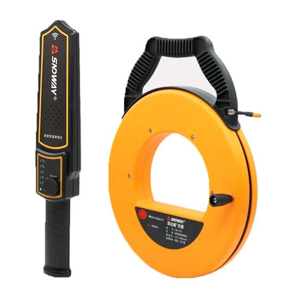 SNDWAY Pipe Blockage Detector with Width Measurement Tool shown handheld detector and yellow measuring reel for locating pipe obstructions