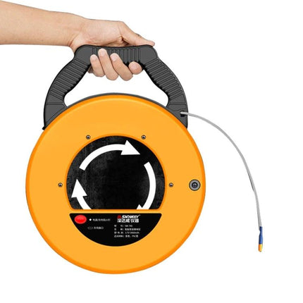 SNDWAY Pipe Blockage Detector with Width Measurement Tool handheld orange reel showing probe and ergonomic handle for locating pipe clogs and measuring widths