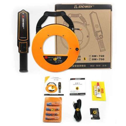 SNDWAY Pipe Blockage Detector with Width Measurement Tool shown with coil reel, handheld sensor, accessories and packaging