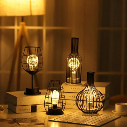 Retro LED Table Lamp for Evening Home Reading and Decor on bedside with vintage iron cage design glowing soft glare-free light
