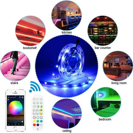 Bluetooth RGB LED Light Strip 20M For Ambient Home Lighting showing 20m strip, remote, app control and installation in living room, kitchen, stairs, bedroom