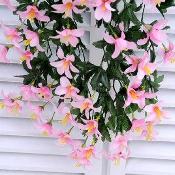 Artificial Lily Wall Hanging Vine Basket Decor For Home – pink crepe fabric lilies on 80cm trailing branch, pastoral wall hanging for balcony or living room
