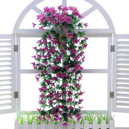 Artificial Lily Wall Hanging Vine Basket Decor For Home - pink crepe fabric lilies cascading from basket, 80cm hanging branch for balcony or living room